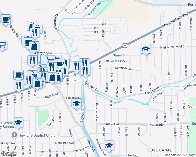 map of restaurants, bars, coffee shops, grocery stores, and more near 1250 89th Street in Niagara Falls