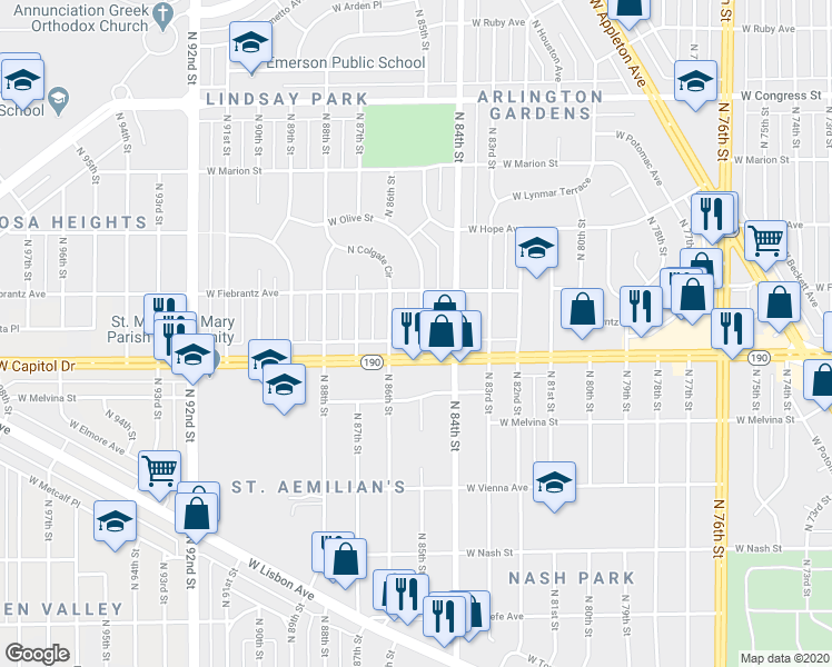 map of restaurants, bars, coffee shops, grocery stores, and more near 4029 North 85th Street in Milwaukee