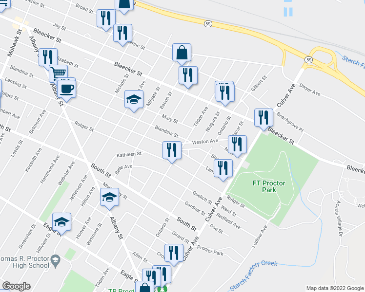 map of restaurants, bars, coffee shops, grocery stores, and more near 860 Tilden Avenue in Utica