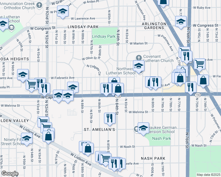 map of restaurants, bars, coffee shops, grocery stores, and more near 4024 North 85th Street in Milwaukee