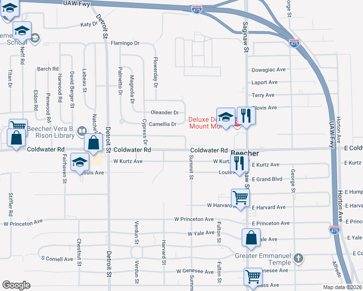 map of restaurants, bars, coffee shops, grocery stores, and more near 1156 Coldwater Road in Flint