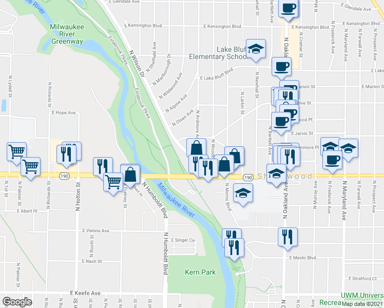 map of restaurants, bars, coffee shops, grocery stores, and more near 4042 North Wilson Drive in Shorewood