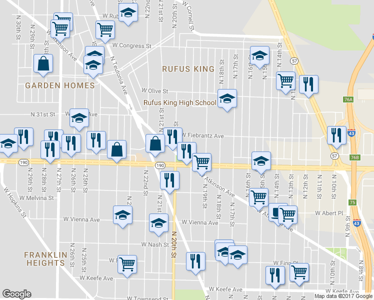 map of restaurants, bars, coffee shops, grocery stores, and more near 4039 North 19th Place in Milwaukee