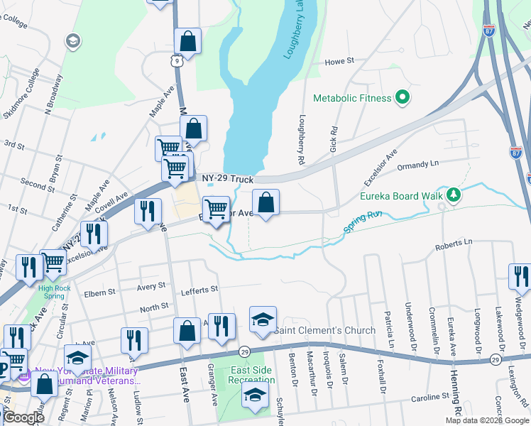 map of restaurants, bars, coffee shops, grocery stores, and more near Excelsior Avenue in Saratoga Springs