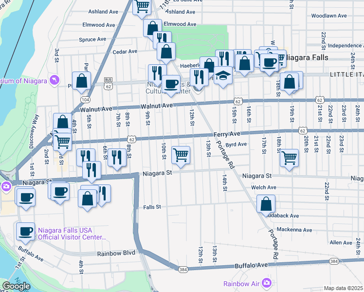 map of restaurants, bars, coffee shops, grocery stores, and more near 449 Memorial Parkway in Niagara Falls