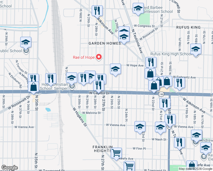map of restaurants, bars, coffee shops, grocery stores, and more near 4022 North 27th Street in Milwaukee