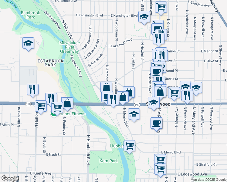 map of restaurants, bars, coffee shops, grocery stores, and more near 4111 North Woodburn Street in Shorewood