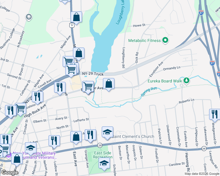 map of restaurants, bars, coffee shops, grocery stores, and more near Excelsior Avenue in Saratoga Springs