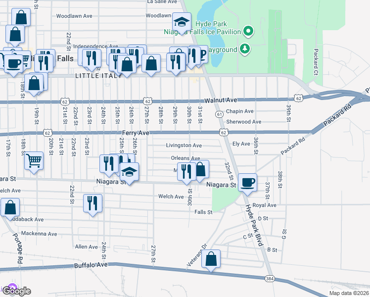 map of restaurants, bars, coffee shops, grocery stores, and more near 2787 Livingston Avenue in Niagara Falls