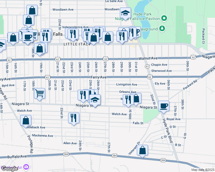 map of restaurants, bars, coffee shops, grocery stores, and more near 483 27th Street in Niagara Falls