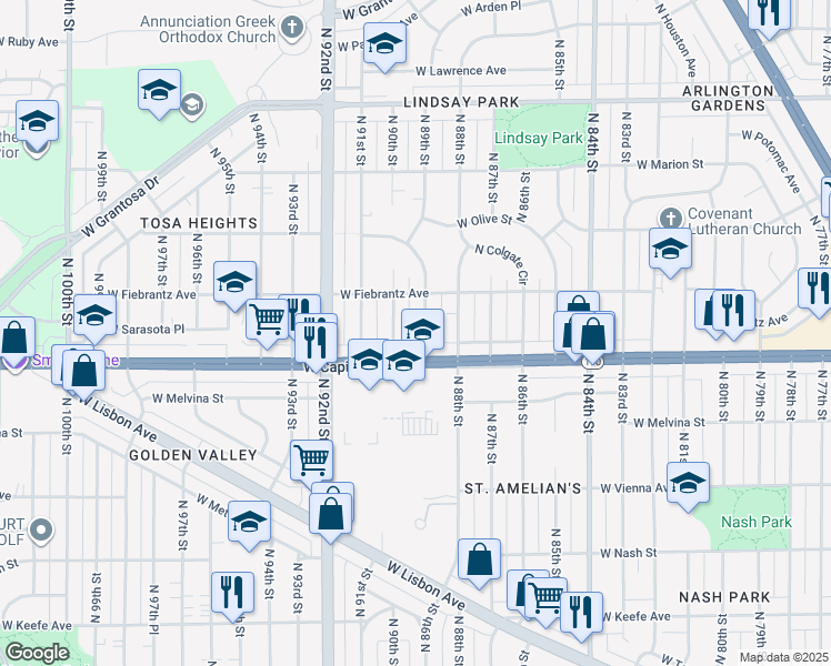 map of restaurants, bars, coffee shops, grocery stores, and more near 4033 N 89th St in Milwaukee