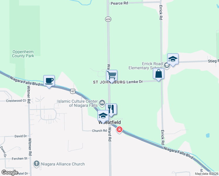 map of restaurants, bars, coffee shops, grocery stores, and more near 6879 Ward Road in Niagara Falls