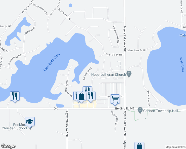 map of restaurants, bars, coffee shops, grocery stores, and more near 7021 Bonaire Drive Northeast in Rockford