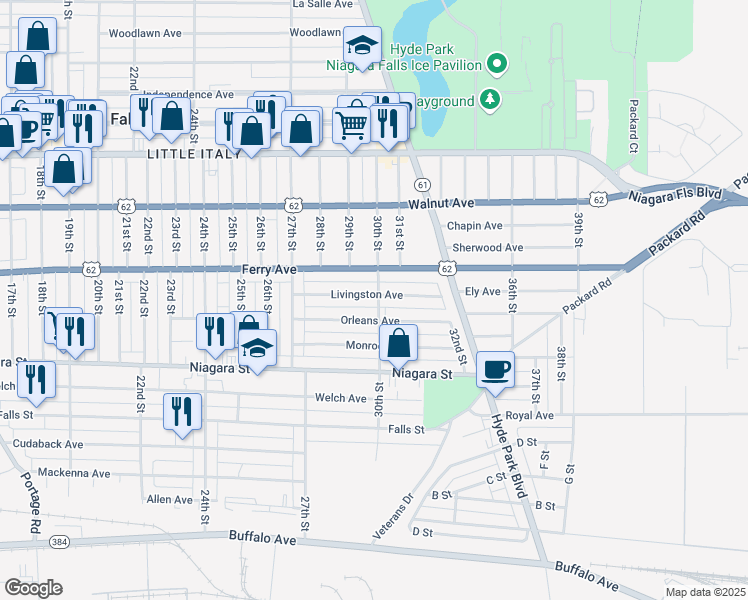 map of restaurants, bars, coffee shops, grocery stores, and more near 2791 Livingston Avenue in Niagara Falls