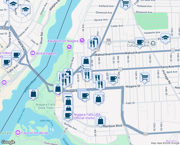 map of restaurants, bars, coffee shops, grocery stores, and more near 319 Ferry Avenue in Niagara Falls