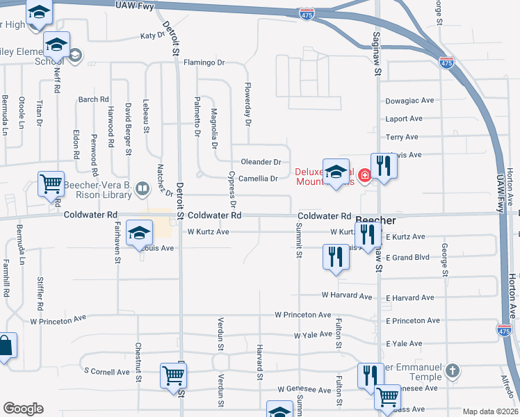 map of restaurants, bars, coffee shops, grocery stores, and more near 1196 Coldwater Road in Flint