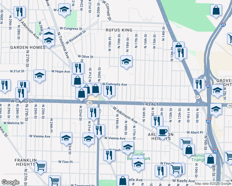 map of restaurants, bars, coffee shops, grocery stores, and more near 4039 North 19th Street in Milwaukee