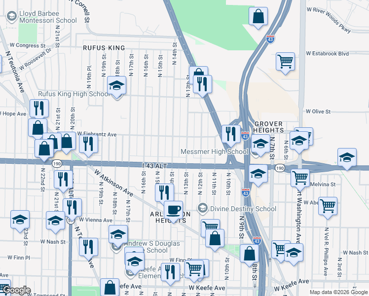 map of restaurants, bars, coffee shops, grocery stores, and more near 4049 North 13th Street in Milwaukee