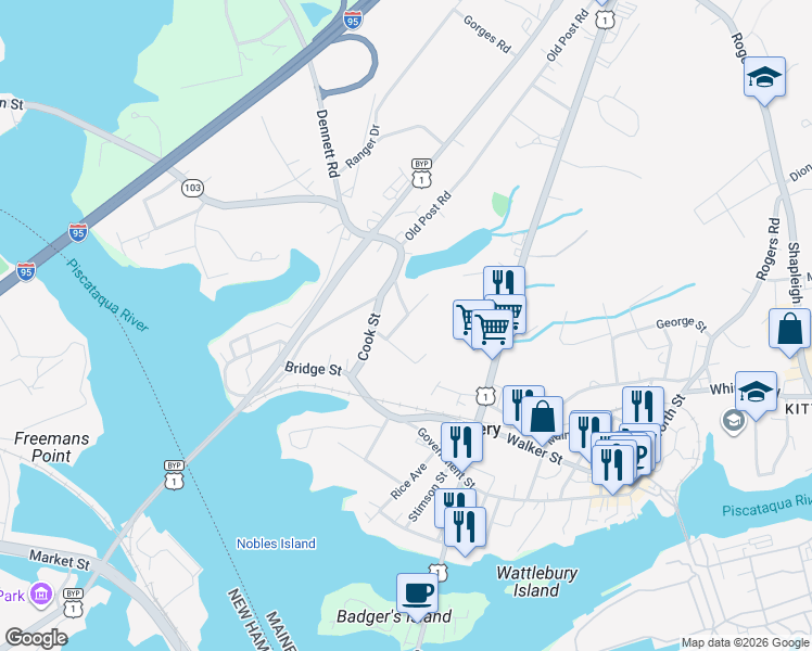 map of restaurants, bars, coffee shops, grocery stores, and more near 6 Rudolph Avenue in Kittery