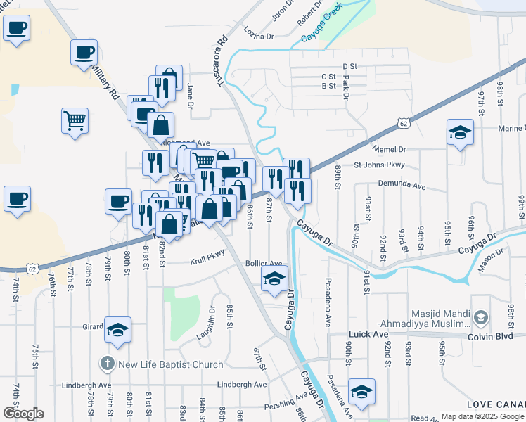 map of restaurants, bars, coffee shops, grocery stores, and more near 1278 87th Street in Niagara Falls