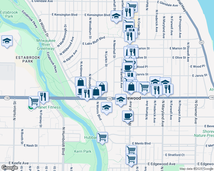 map of restaurants, bars, coffee shops, grocery stores, and more near 4042 North Larkin Street in Milwaukee