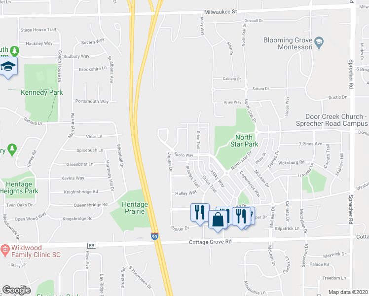 map of restaurants, bars, coffee shops, grocery stores, and more near 558 Hercules Trail in Madison