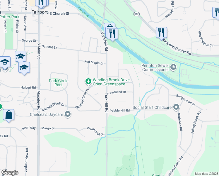 map of restaurants, bars, coffee shops, grocery stores, and more near 1150 Turk Hill Road in Fairport