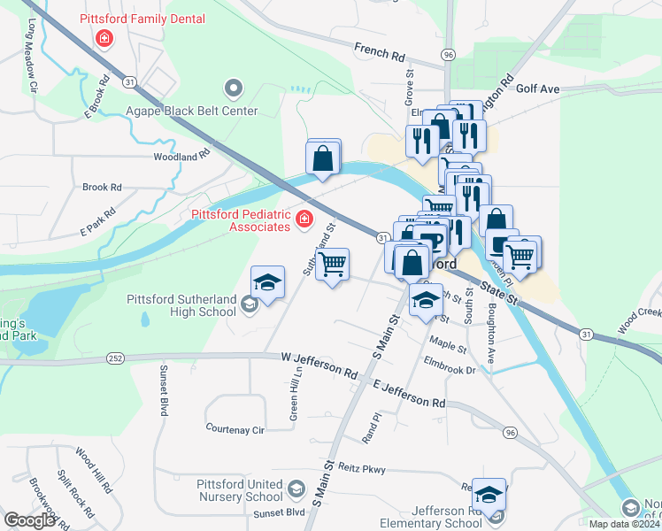 map of restaurants, bars, coffee shops, grocery stores, and more near 42 Lincoln Avenue in Pittsford