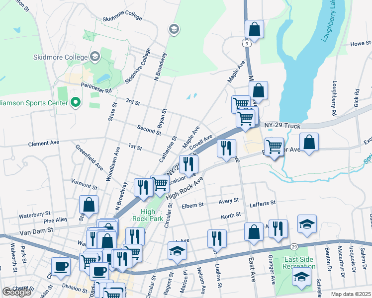 map of restaurants, bars, coffee shops, grocery stores, and more near 232 Maple Ave in Saratoga Springs