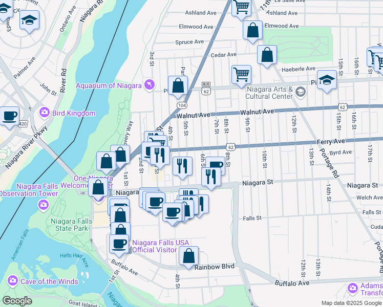 map of restaurants, bars, coffee shops, grocery stores, and more near 466 1/2 6th Street in Niagara Falls