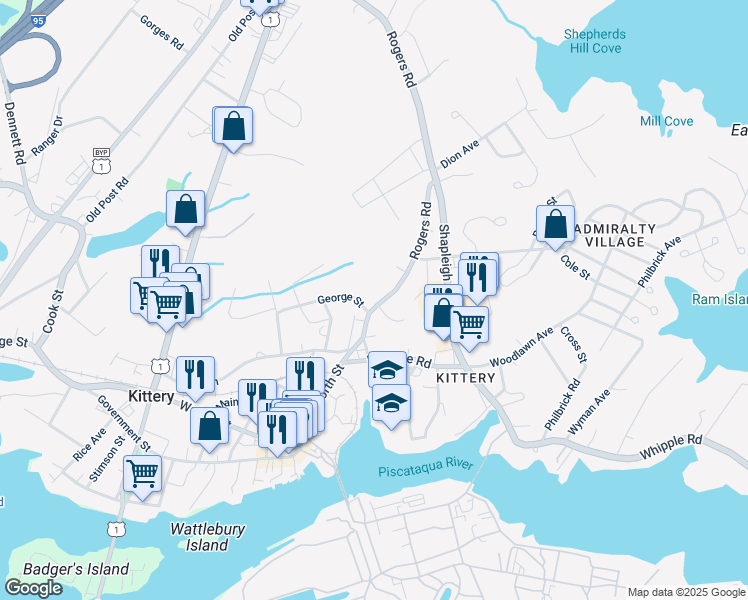 map of restaurants, bars, coffee shops, grocery stores, and more near 33 Rogers Road in Kittery