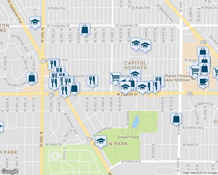 map of restaurants, bars, coffee shops, grocery stores, and more near 4023 North 68th Street in Milwaukee
