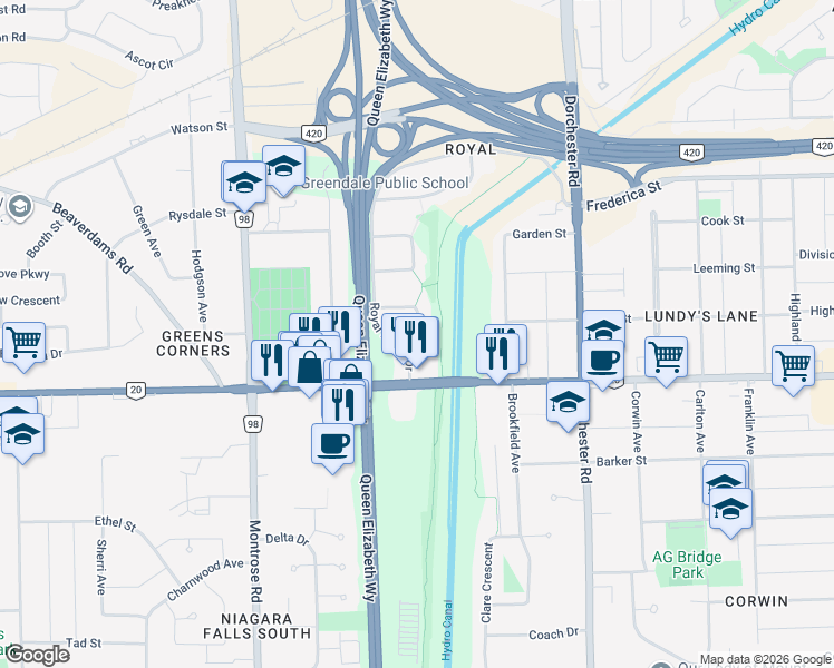 map of restaurants, bars, coffee shops, grocery stores, and more near Strathmore Crescent in Niagara Falls