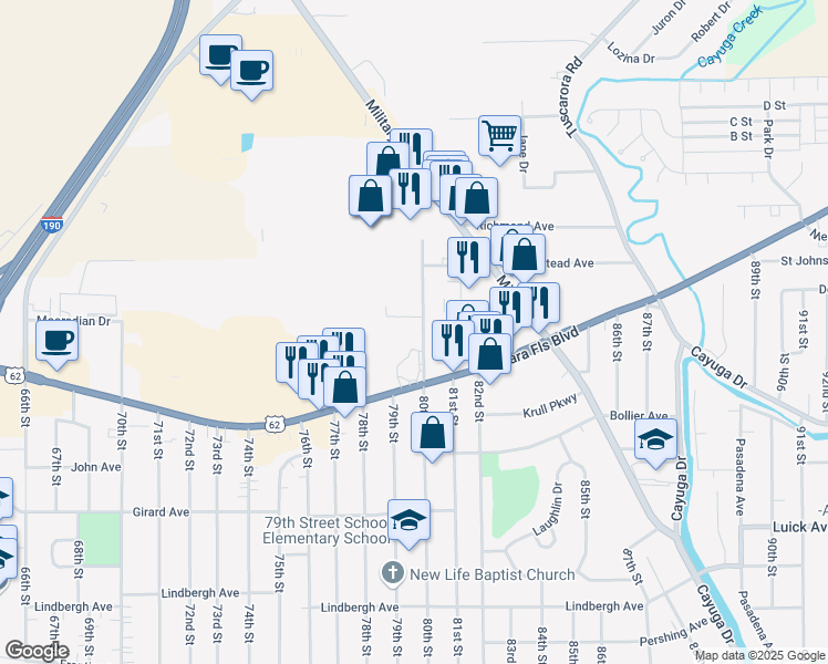 map of restaurants, bars, coffee shops, grocery stores, and more near 820 80th Street in Niagara Falls