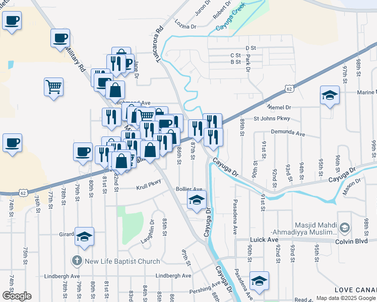 map of restaurants, bars, coffee shops, grocery stores, and more near 1278 87th Street in Niagara Falls