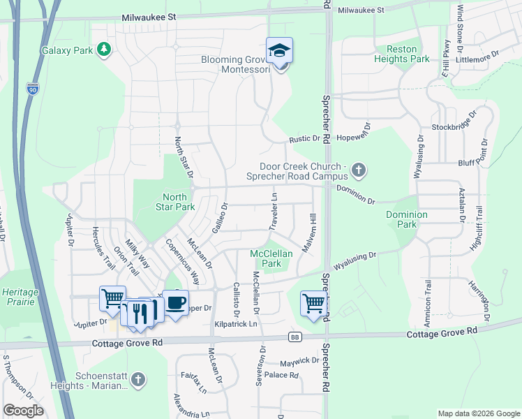 map of restaurants, bars, coffee shops, grocery stores, and more near 2 7 Pines Court in Madison