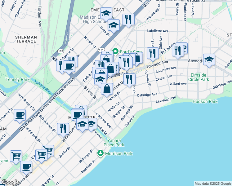 map of restaurants, bars, coffee shops, grocery stores, and more near 2022 Helena Street in Madison