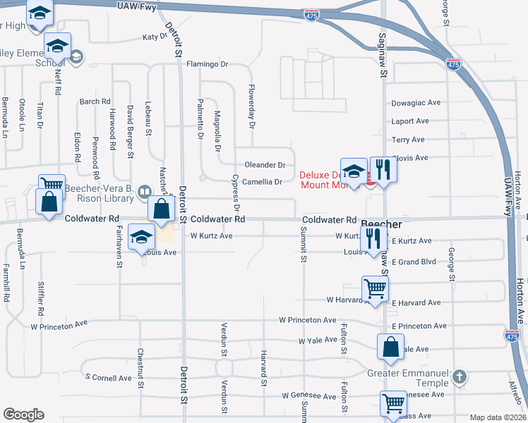 map of restaurants, bars, coffee shops, grocery stores, and more near 1196 Coldwater Road in Flint