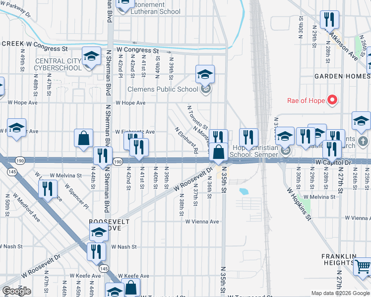 map of restaurants, bars, coffee shops, grocery stores, and more near 4029 North Elmhurst Road in Milwaukee