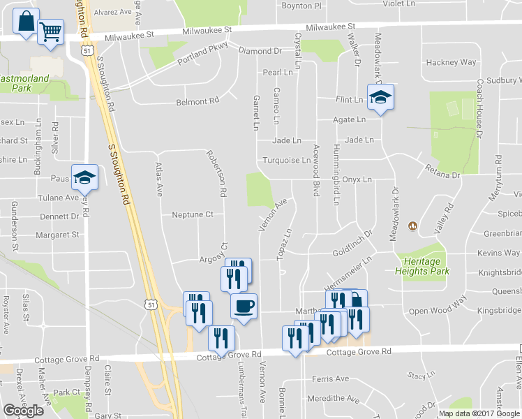 map of restaurants, bars, coffee shops, grocery stores, and more near 6 Ellie Circle in Madison