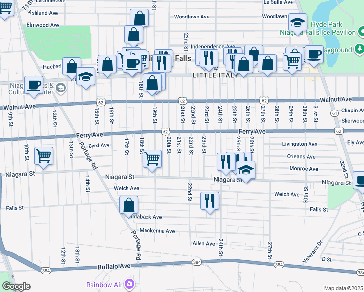 map of restaurants, bars, coffee shops, grocery stores, and more near 471 21st Street in Niagara Falls