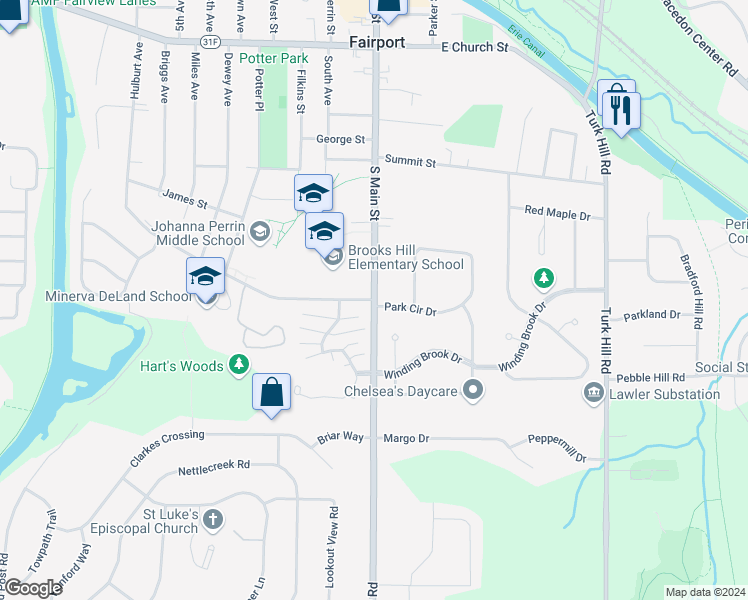 map of restaurants, bars, coffee shops, grocery stores, and more near 257 Hulburt Road in Fairport