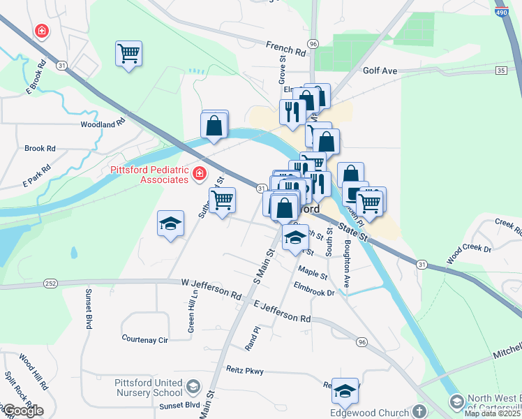 map of restaurants, bars, coffee shops, grocery stores, and more near 10 Washington Ave in Pittsford