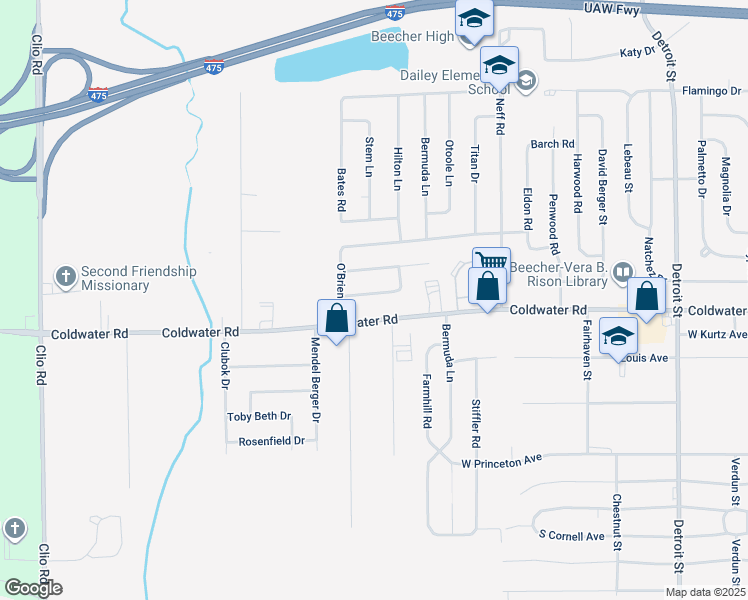 map of restaurants, bars, coffee shops, grocery stores, and more near 2157 Armstrong Road in Mount Morris