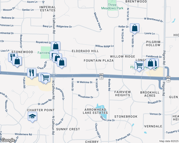 map of restaurants, bars, coffee shops, grocery stores, and more near 16675 Dane Court West in Brookfield