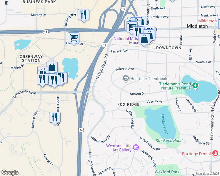 map of restaurants, bars, coffee shops, grocery stores, and more near 1541 Grosse Point Drive in Middleton
