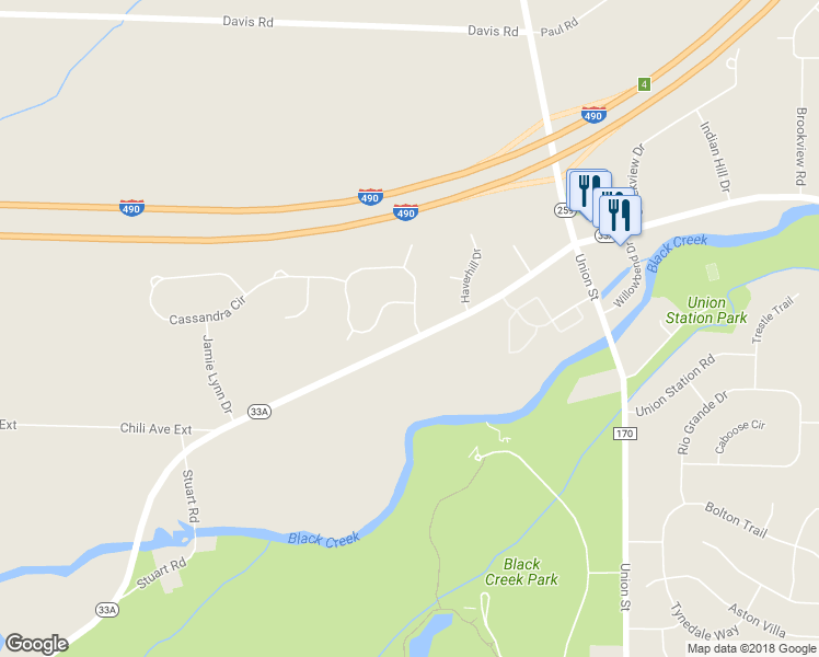 map of restaurants, bars, coffee shops, grocery stores, and more near 1 Rochelle Drive in Churchville