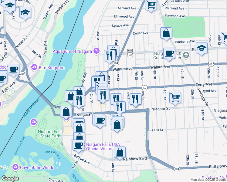 map of restaurants, bars, coffee shops, grocery stores, and more near 411 Ferry Avenue in Niagara Falls