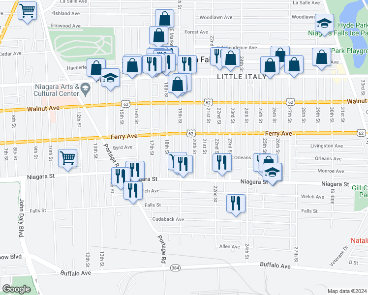 map of restaurants, bars, coffee shops, grocery stores, and more near 466 20th Street in Niagara Falls