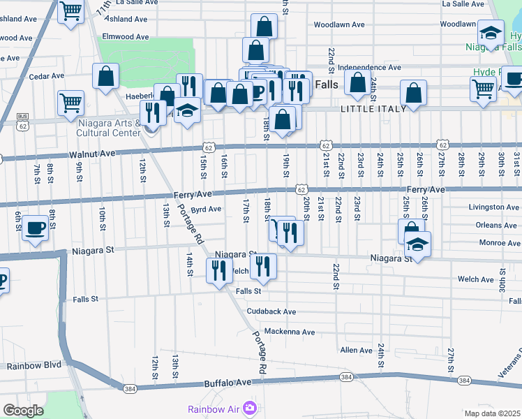 map of restaurants, bars, coffee shops, grocery stores, and more near 463 17th Street in Niagara Falls